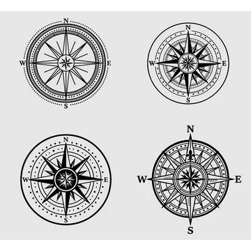 Set of four vintage nautical compass rose icons isolated on a neutral gray .. Stock-Illustration