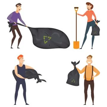 Set of four volunteers composition with young volunteers in cleaning, vector Stock-Illustration