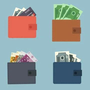 Set of four wallets with money. Flat vector illustration Stock Illustration