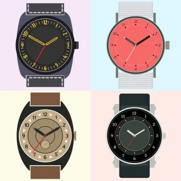 Set of four watches. Clock face with hour, minute and second hands Stock Illustration