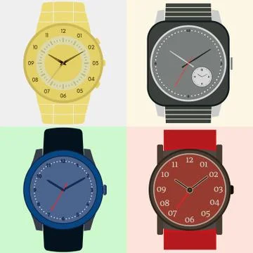 Set of four watches. Clock face with hour, minute and second hands Stock Illustration