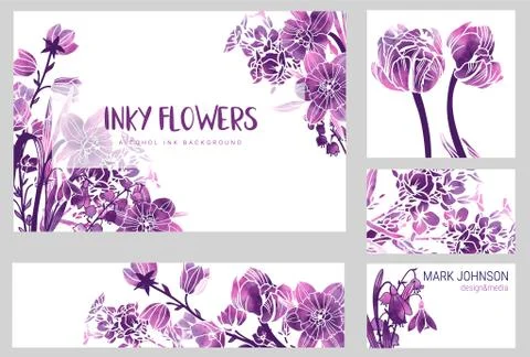 Set of four wedding invitation cards, spring flowers with alcohol ink texture Stock Illustration