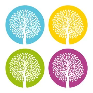Set of four white trees with leaves on colorful round background Stock Illustration