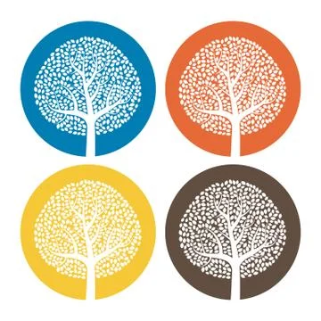 Set of four white trees with leaves on colorful round background Stock Illustration