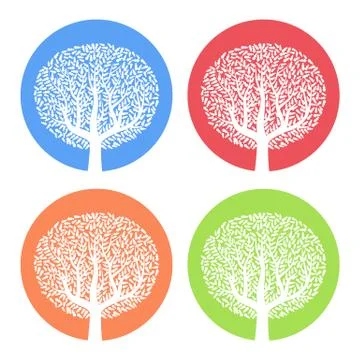 Set of four white trees with leaves on colorful round background Stock Illustration