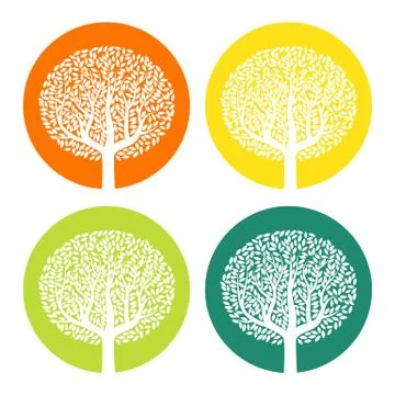 Set of four white trees with leaves on colorful round background Stock Illustration