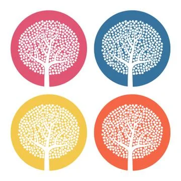 Set of four white trees with leaves on colorful round background Stock Illustration