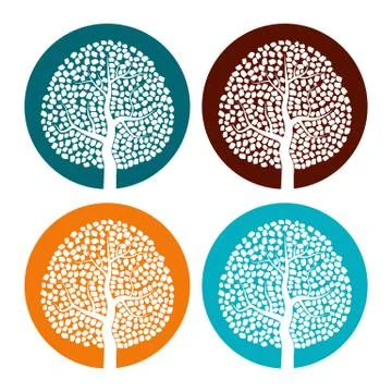 Set of four white trees with leaves on colorful round background Illustrazione stock