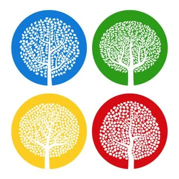 Set of four white trees with leaves on colorful round background Stock Illustration