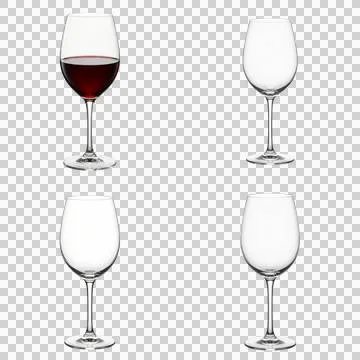Set of four wine glasses with one filled with red liquid isolated on transp.. Stock Photos