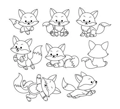 Set of fox doodle collection, fox outline coloring page or book animals for.. Stock Illustration
