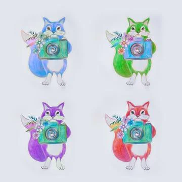 A set of fox sketches with a camera on a white background. Illustrazione stock