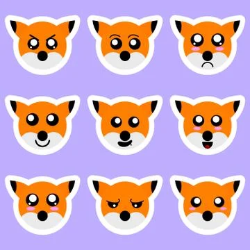 Set of fox stickers. Different emotions, expressions. Vector illustration. Stock Illustration