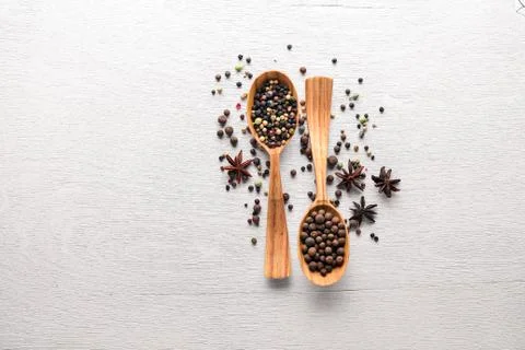 A set of fragrant spices. A mixture of black and red pepper, coriander, papri Stock Photos