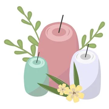 Set of fragrant vanilla candles. Three candles are decorated with green twigs Stock Illustration
