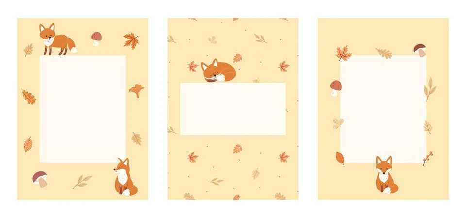Set of frame covers with foxes and autumn leaves and forest plants. Vector Stock Illustration