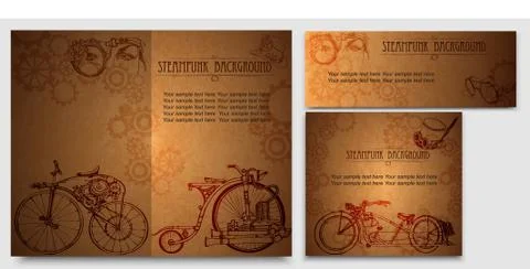 Set frame steampunk background with bike and top hat and brass goggles Stock Illustration