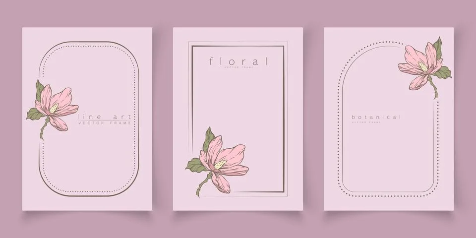 Set of frame templates in minimal linear style with hand drawn magnolia flowe Stock Illustration