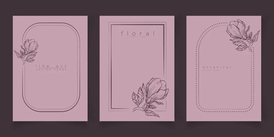 Set of frame templates in minimal linear style with hand drawn magnolia flowe Stock Illustration