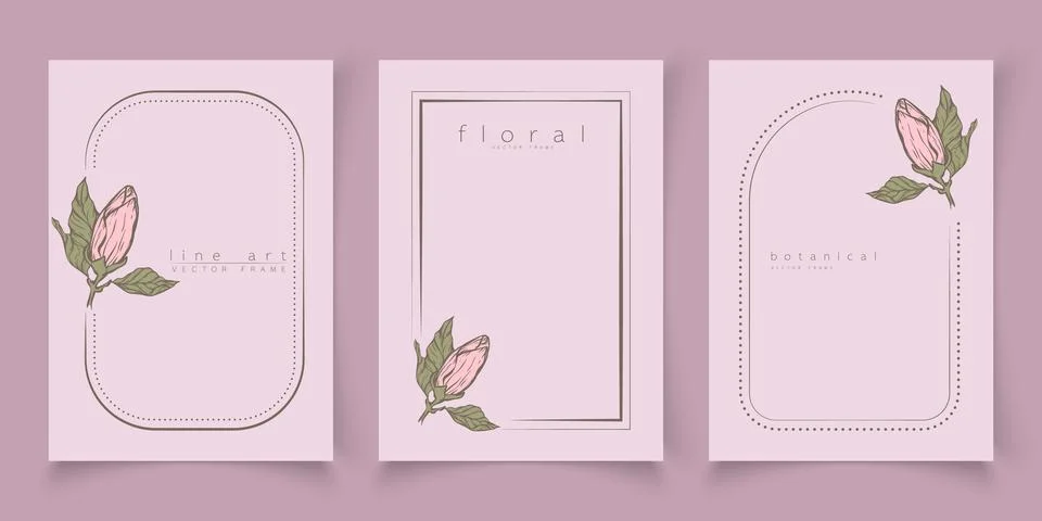 Set of frame templates in minimal linear style with hand drawn magnolia flowe Stockillustratie