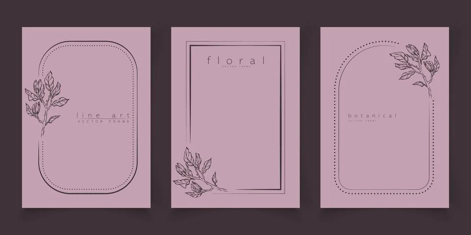 Set of frame templates in minimal linear style with hand drawn magnolia flowe Illustration