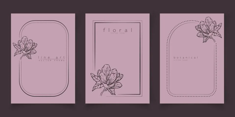 Set of frame templates in minimal linear style with hand drawn magnolia flowe Stock Illustration
