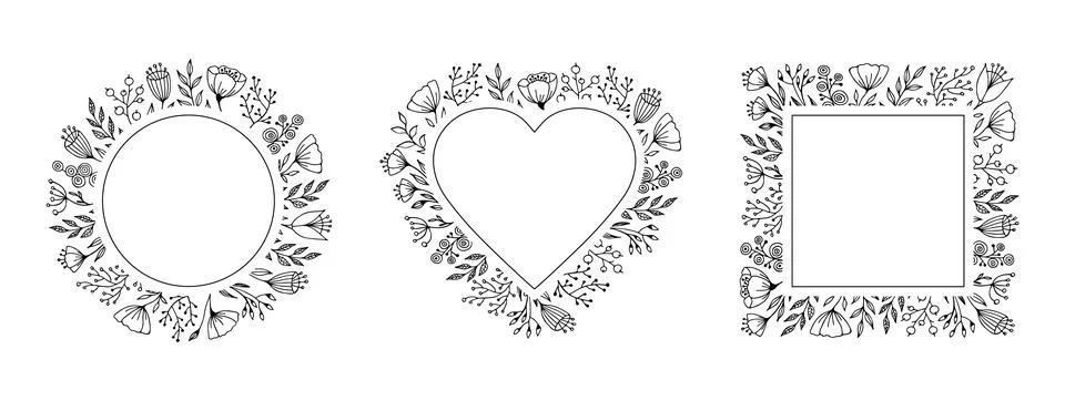 Set of frame various shapes with doodle of flowers Stock-Illustration