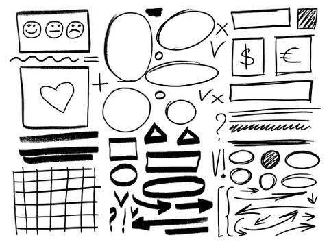 A set of frames, arrows, signs in the style of a careless sketch in pencil by Stock Illustration