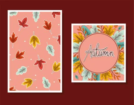 Set of frames with autumn leaves on brown background vector design Illustrazione stock
