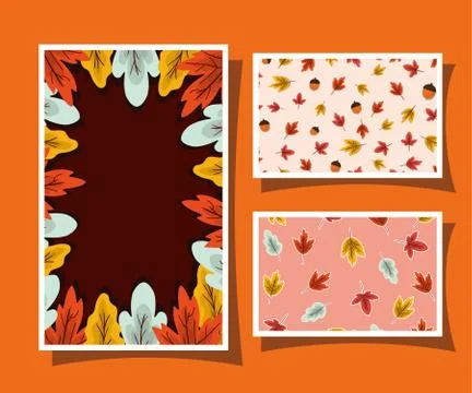 Set of frames with autumn leaves on orange background vector design Illustrazione stock