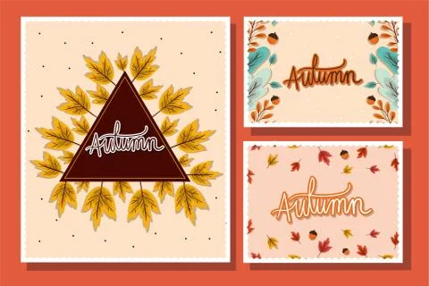 Set of frames with autumn leaves on red background vector design Illustrazione stock