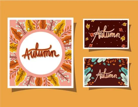 Set of frames with autumn leaves on yellow background vector design Illustrazione stock