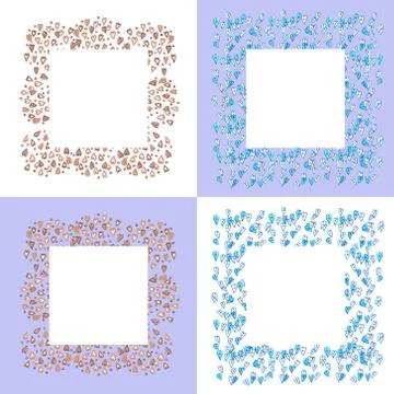 Set of frames of blue and brown hearts on white and lilac background 스톡 일러스트