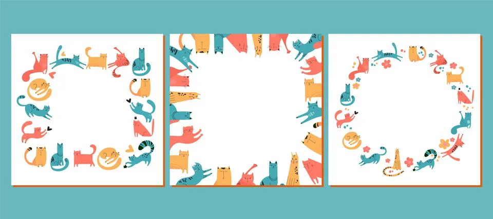 A set of frames with a cat print. Hand-drawn cats for print, textiles, t-shirts Stock Illustration
