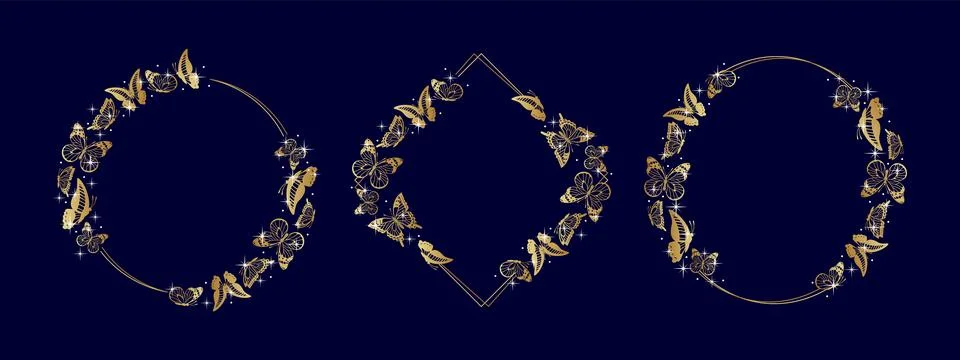 Set of frames in different shapes featuring golden butterfly silhouettes and 스톡 일러스트