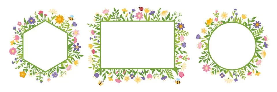 Set of frames with flowers and insects Stock Illustration
