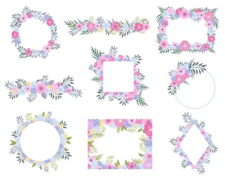Set of frames from flowers and leaves. Vector illustration on a white background 스톡 일러스트