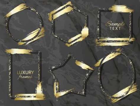 Set of frames with gold sequins and brush strokes . Vector illustration Stock Illustration