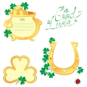 Set of frames for saint patrick's day design with shamrock,  gold coins, pot Stock Illustration