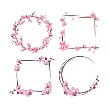 Set of frames with sakura and orchid flowers. Pink cute cherry wreaths. Festive Illustrazione stock