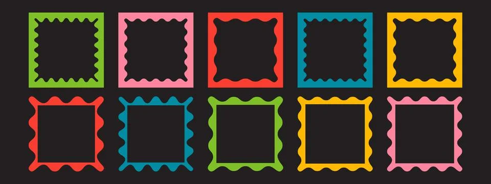 Set of frames with scallop edges. Trendy square borders with zigzag edges. .. Illustrazione stock