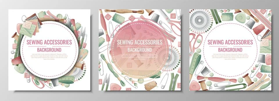 Set of frames with sewing accessories. Vector template with drawn colorful .. Stock Illustration