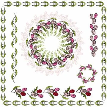 Set of frames, wreaths, floral, elements from flowers. Colored on an isolated Stock Illustration