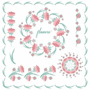 Set of frames, wreaths, floral, elements from flowers. Colored on an isolated Stock Illustration