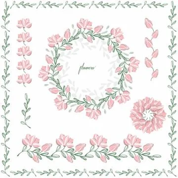 Set of frames, wreaths, floral, elements from flowers. Colored on an isolated Stock Illustration