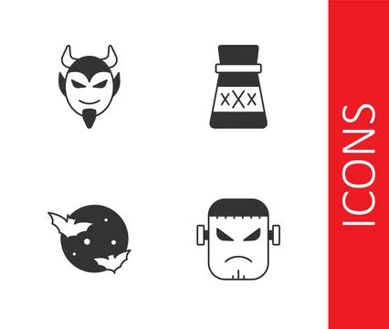 Set Frankenstein face, Devil head, Moon and stars and Bottle with potion icon Stock Illustration