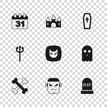 Set Frankenstein face, Ghost, Tombstone with RIP written, Black cat, Coffin.. Ilustración de archivo