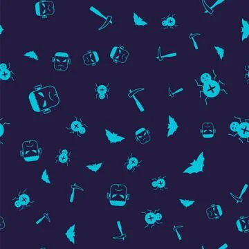 Set Frankenstein face, Spider, Scythe and Flying bat on seamless pattern. Vector Stock Illustration
