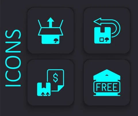 Set Free storage, Unboxing, Return cardboard and Waybill icon. Black square 스톡 일러스트