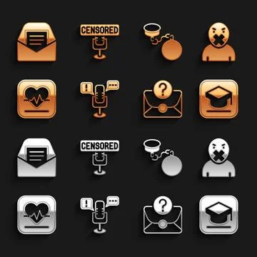 Set Freedom of speech, Censor and freedom, Graduation cap, Envelope with qu.. Stock Illustration